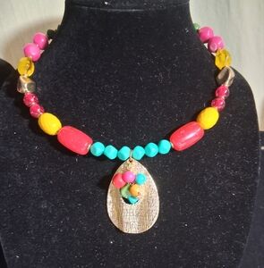 Colorful Beaded Necklace with Gold Pendant